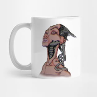 haughty look of a cyber robot girl with a metal head Mug